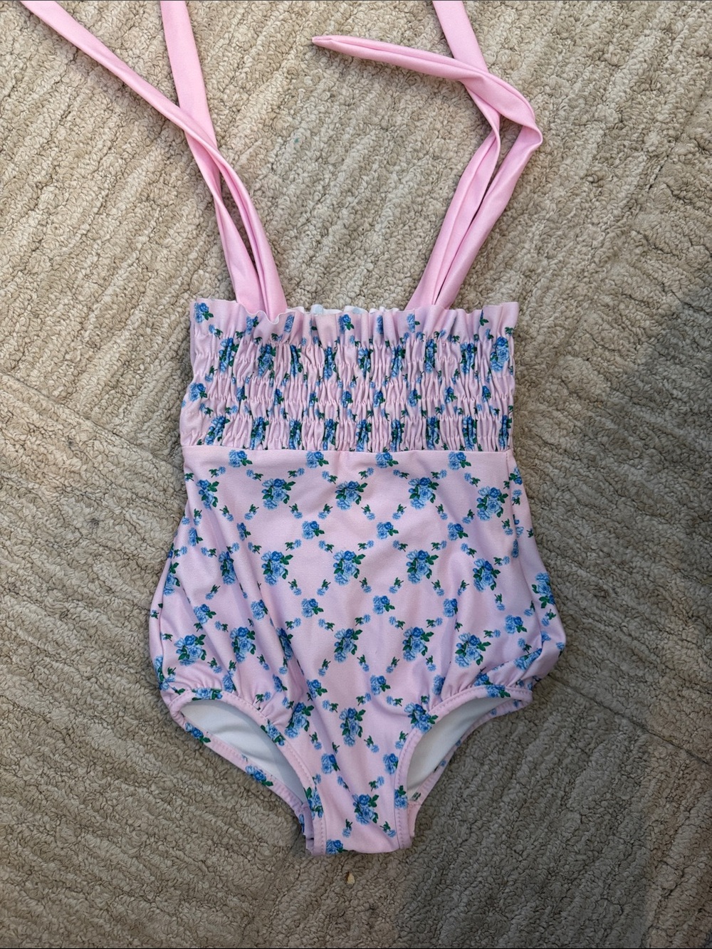 Dondolo Pink Floral Smocked One-Piece Swimsuit with Adjustable Ties 6M